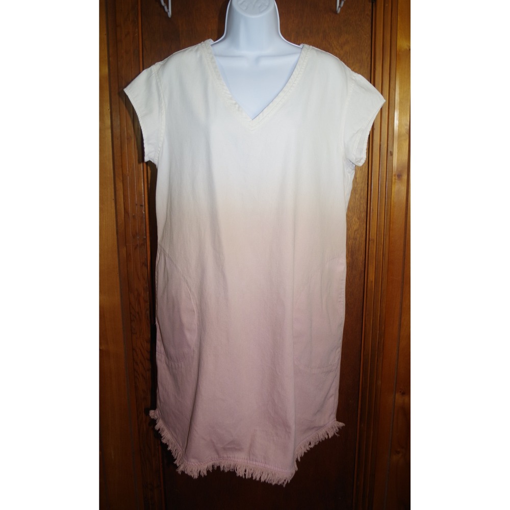 Violet Weekend Ombre Pink White Cotton‎ Fringe Shift Dress V-Neck Pockets Large